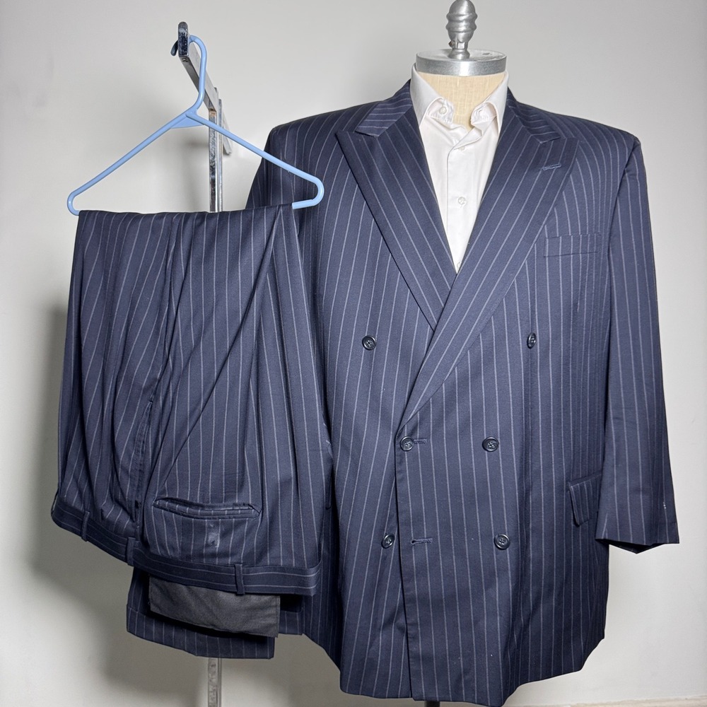 Miller Brothers Suit Mens 52R 52x30 Navy Blue Pinstripe Double Breasted Wool